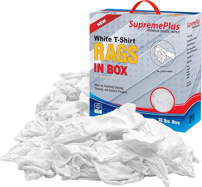 SupremePlus Premium White T-Shirt Cleaning Rags (10 lbs. Compressed Box of Rags) – White Cotton Cloths for Cleaning, Staining, Painting, Oil, Grease & Dust Removal