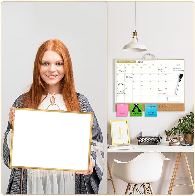 ARCOBIS Dry Erase Calendar with Cork Board for Wall, 12"x16" Double-Sided Calendar Whiteboard & White Board with Gold Frame, Magnetic Monthly Planning Board for Home, Office, School