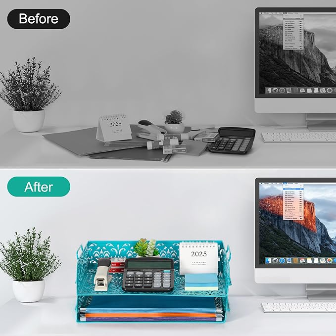 EasyPAG Paper Organizer for Desk 2 Tier Stackable Paper Tray for A4 Legal Size Folders Metal File Storage Desktop Organizer for Home Office School Teacher, Dark Teal