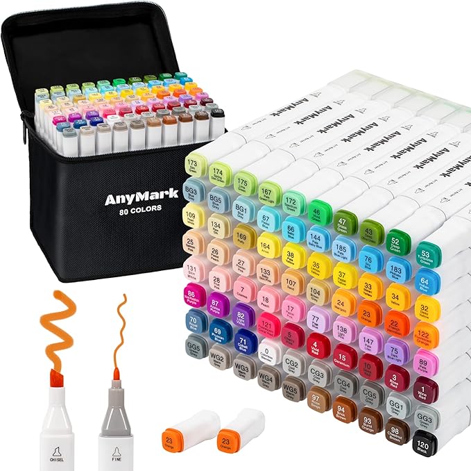 AnyMark Alcohol Markers, 80 Colors Dual Tip Art Coloring Markers Set for Kids Adult Book Drawing Sketching Painting, Chisel & Fine, White Penholder