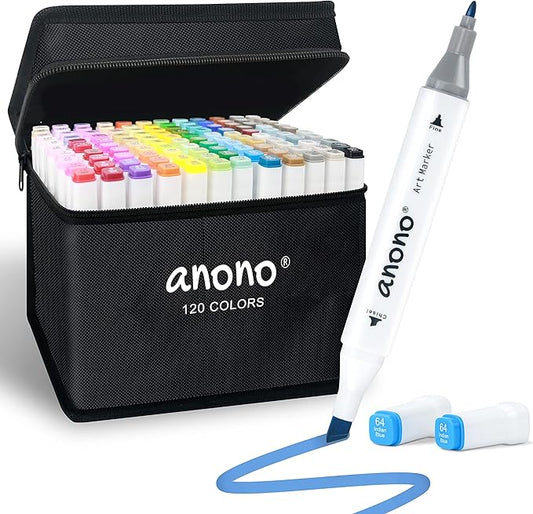 anono 120 Colors Alcohol Markers Set, Coloring Markers with Chisel and Fine Tips, Includes Carrying Case, Suitable for Book Painting and Coloring, White Barrel