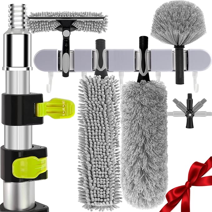 【Upgrade Anti Rotation 】 24ft High Reach Duster Kit,5-18ft Lightweight Aluminum Alloy Extension Rod,7-Piece Set,210° Steering Head Clean Various Angle,for Cleaning Ceiling,High Wall
