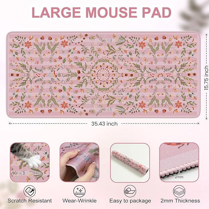iCasso Floral Desk Matt for Desktop,Cute Desk Pad for Keyboard and Mouse with Stitched Edges,XXL Extended Large Computer Mat 35.4 x 15.7 inch,Non-Slip Gaming Mousepad for Women,Office,Home(Pink)