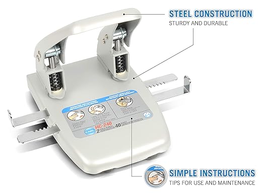 Carl CARL 62040 40-Sheet Capacity hc-240 Two-Hole Punch, 9/32 Dia. Holes, Silver, Metallic