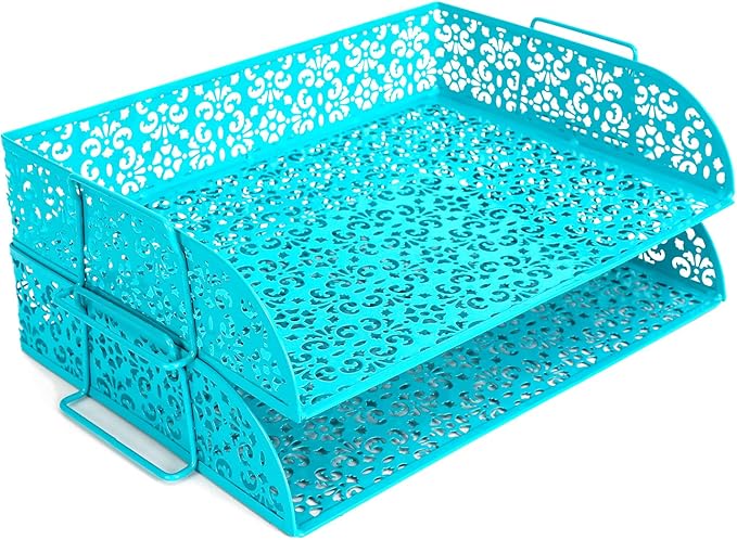 EasyPAG 5-Piece Desk Organizer Set with Carved Floral Design - No Assembly Stackable 2-Tier File Tray, Letter Sorter, Pen & Card Holders for Office/Home/Dorm, Dark Teal