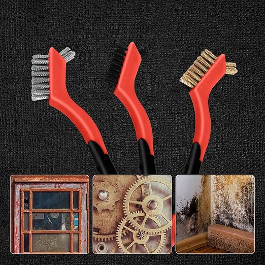MAXMAN Wire Brush Set 3Pcs, Small Wire Brushes for Cleaning, Rust Remover, Scrub Brush, Detailing Brush, Metal Brush, Stainless Steel/ Brass/ Nylon Bristles Bristle Brush, Scratch Brush, (Red)