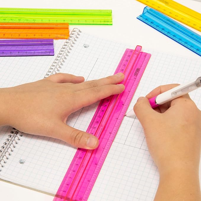 BAZIC Plastic Ruler 12" (30cm) w/Handle Grip, Inches Centimeter Metric Measuring Drafting Rulers, for Students School Supplies, Assorted Color, 24-Pack