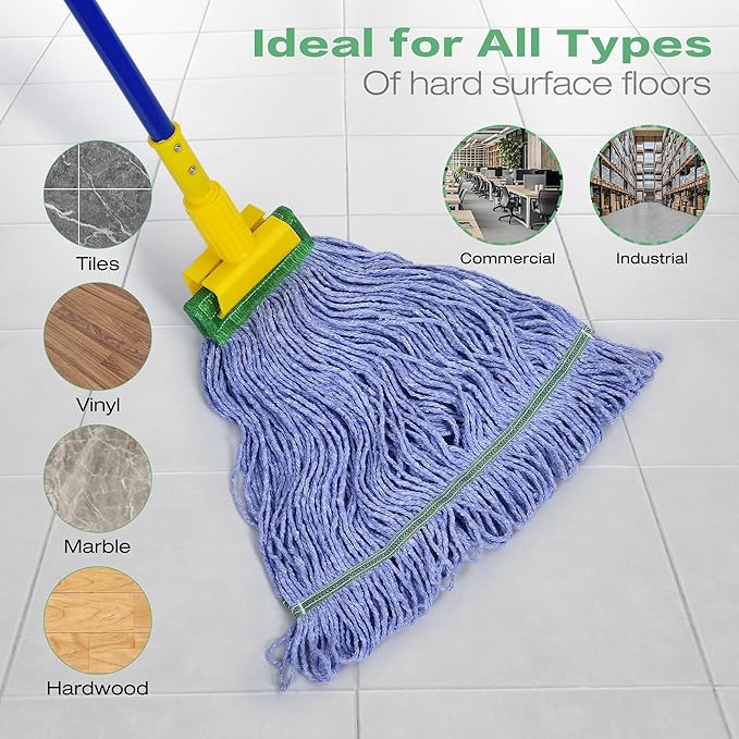 Matthew Cleaning Heavy Duty Mop Head Replacement, 5 Inch Wide Headband, Color Coded Looped End Cotton String Wet Mops for Floor Cleaning, Medium Size 18 oz, 4 Pack