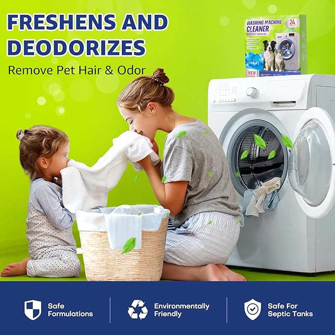 DKYM Washing Machine Cleaner Tablets for Pet Owners - Easily Removes Cat & Dog Hair, Urine, Odor,Residue,Front & Top Load Washer Machine Cleaner Deep Cleaning, Septic Safe, 24 Pack (12 Month Supply)