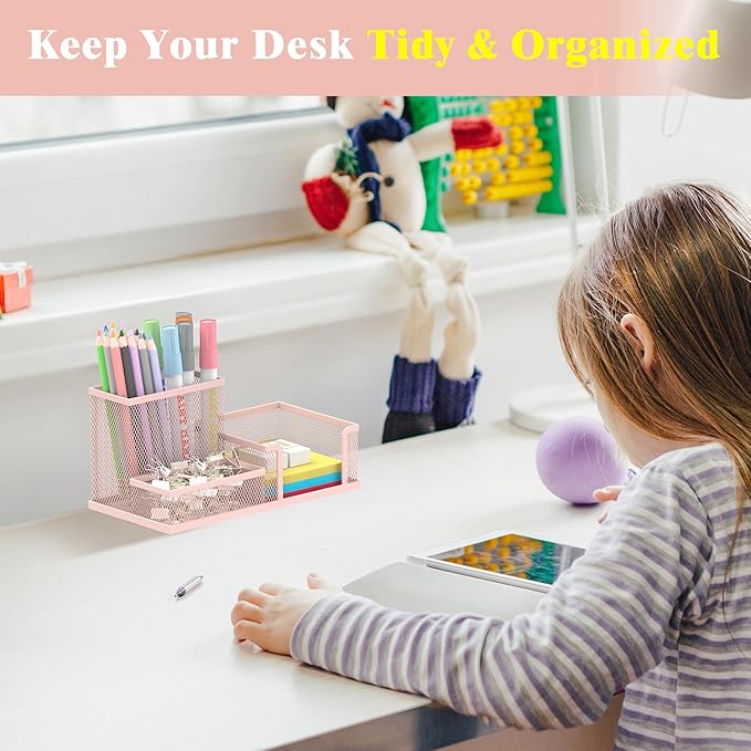 SUPEASY Mesh Pen Holder Desk Organizer, Office Supplies Pencil Storage with 3 Compartments, Office Desk Accessories and Workspace Organizers for Home School, Pink
