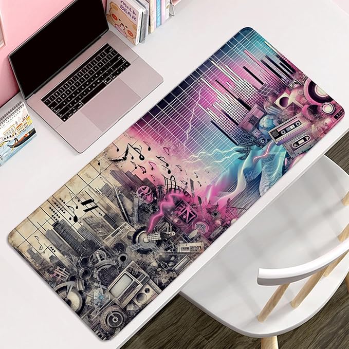 Music Theme Mouse Pad Desk Mat,Desk Mat for Keyboard and Mouse,Large Gaming Mouse Pad,Desktop Mat, Big Mousepad with Stitched Edge Non-Slip Rubber Base for Work Study (27.5X11.8 in)