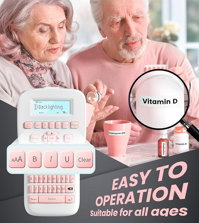 Vixic Pink Label Maker, Rechargeable Label Makers with Keyboard, Handheld Label Maker Machine with Bluetooth Backlit Large Display LM1600, Portable Labeler for Home & Office Organization School Kids