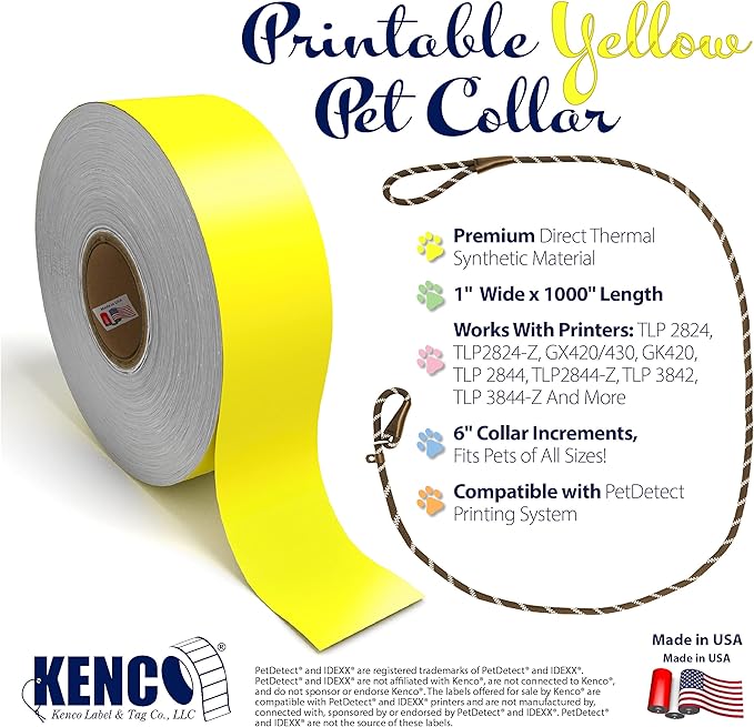 Kenco Printable Pet Collars Compatible with Various Printers and Software (Yellow) - 1" x 1000" - 6" Increments - PetDetect Compatible - 1000 Labels per Roll