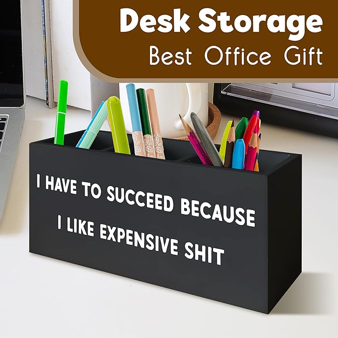 Funny Sign Decor Pen Holder for Desk, Funny Black Office Signs Decor, I Have to Succeed Because I like Expensive Shit, Amusing Decor Office Pen Holder for Women Men Desk Accessories