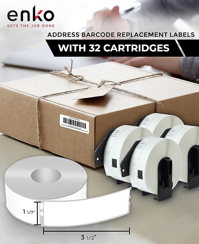 enKo - Compatible DK-1201 Standard Address 1-1/7" x 3-1/2" Replacement Labels, Compatible for Brother QL Label Printers [96 Rolls / 38400 Labels with 32 Refillable Cartridge Frame]