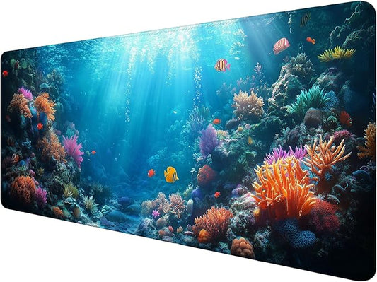 Ocean World Desk Mat Gaming Mouse Pad Sea Coral Fish Fantasy Underwater Gaming Mouse Mat with Stitched Edges,Non-Slip Waterproof Rubber Base Mouse Mat Office Computer Keyboard Laptop Home 31.5"x11.8"