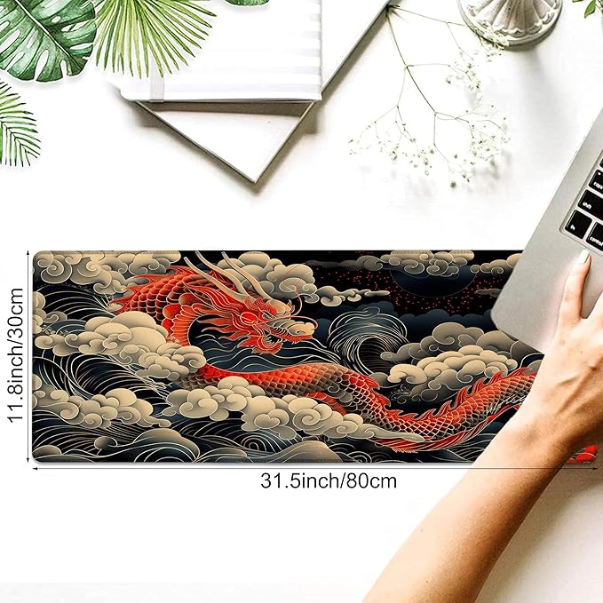 Desk Pad, Japanese Wave and Red Dragon Auspicious Clouds XL Gaming Mouse Pad with Stitched Edges,Non-Slip Waterproof Rubber Base Large Desk Mat for Keyboard and Mouse 31.5"x11.8"