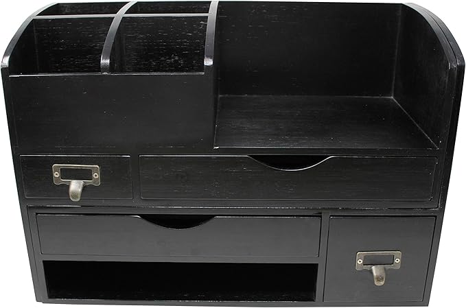 Executive Office Solutions Large Adjustable Wooden Office Desk Organizer For Desktop, Tabletop, or Counter – Wood Storage Shelf Rack – For Office Supplies, Desk Accessories, or Mail - Black (WO13)