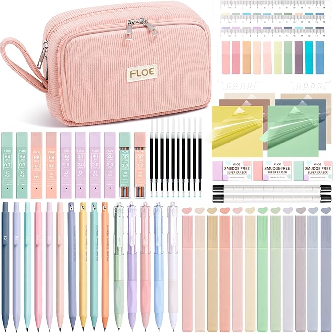 62PCS Aesthetic School Supplies, Cute Back to School Supplies College Essentials Preppy Stationary Set with Large Pencil Pouch Case, Pastel Highlighters Gel Pens Mechanical Pencils for Student Girls