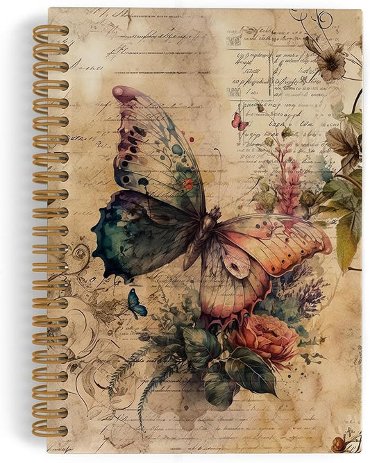 Vintage Butterfly Spiral Notebook, Butterfly Journal, Butterfly Notebook, Butterfly Notebooks for School, Butterfly Floral Office Supplies Gifts for Women Girls Coworkers, 5.5x8.3 Inch