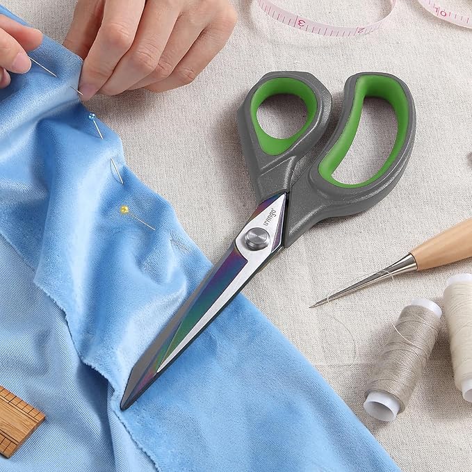 LIVINGO Professional Sharp Fabric Scissors - Titanium Coated Forged Steel Heavy Duty Shears All Purpose for Sewing Craft Cutting Cloth, Paper, Leather, 9.5 Inches, Gray/Green