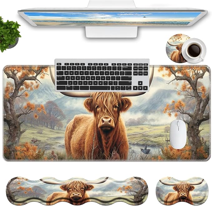 Keyboard Mouse Pad Set,Large Mouse Pad+Keyboard Wrist Rest+Wrist Support+Coaster,31.5x11.8in Extended Desk Mat for Computer Laptop Office Home-Highland Cow