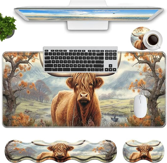 Keyboard Mouse Pad Set,Large Mouse Pad+Keyboard Wrist Rest+Wrist Support+Coaster,31.5x11.8in Extended Desk Mat for Computer Laptop Office Home-Highland Cow