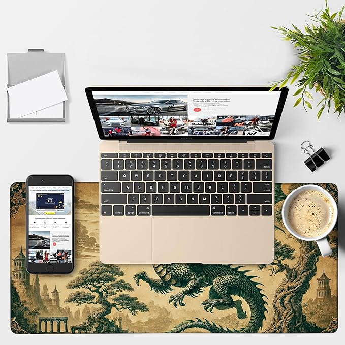 Vintage-Style Dragon Gaming Mouse Pad 3mm Thick Stitched Edge Waterproof Non-Slip Large Computer Keyboard Mouse Mat,Suitable for Office Entertainment Decorative Desk Pad 35.4 x 15.7 Inches