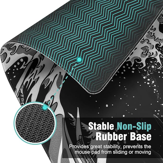 Japanese Sea Wave Gaming Mouse Pad, 31.5×11.8in Japanese Kanagawa Black Mousepad Desk Mat, High-Performance Smooth Precision Fabric Mousepad for Fluid Control, Stable Non-Slip Rubber Base Mouse Pad