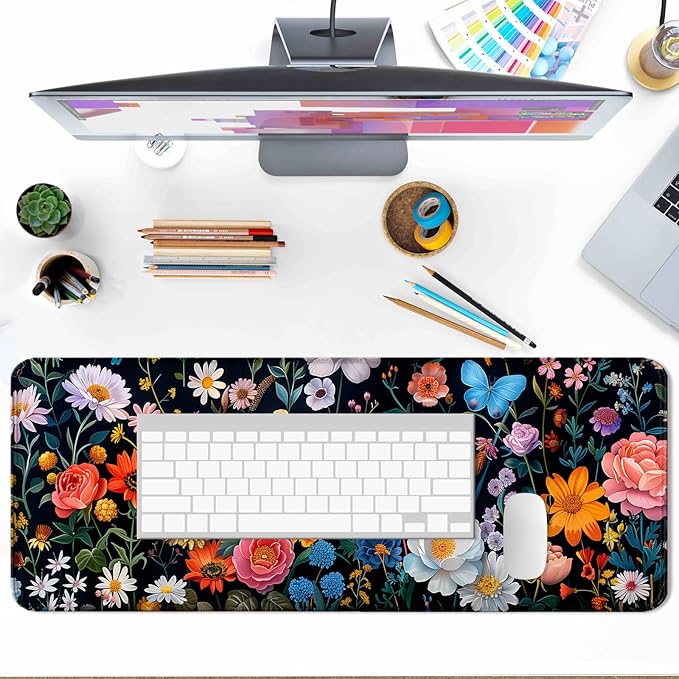 Butterfly Flowers Gaming Mouse Pad, Extended Large Floral Plant Desk Mat, Computer Keyboard Laptop Mousepad for Work, Office and Home, XL