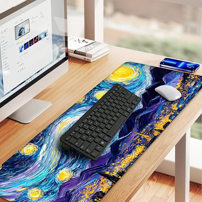 Vincent Van Gogh Starry Night Inspired Mouse Pad – Thicker 31.5" x 11.8" Extended Desk Mat with Dreamy Galaxy and Village Nightscape, Non-Slip Base & Smooth Surface for Office & Gaming