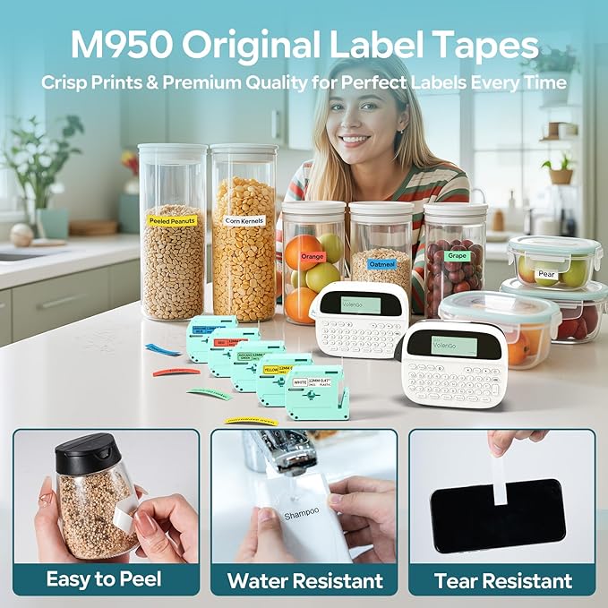 M950 Label Maker Bundle, Label Maker Machine with 5 Color Tapes, Rechargeable Bluetooth Labeler with Backlit LCD, Handheld Label Printer for Office Home Use