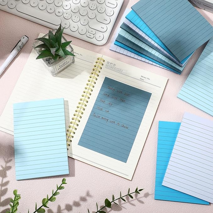 12 Pads Blue Boho Sticky Notes 4x6 with Line, Lined Self Stick Notes Pads Boho Office Supplies, Vintage Aesthetic School Accessories 50 Sheets/pad