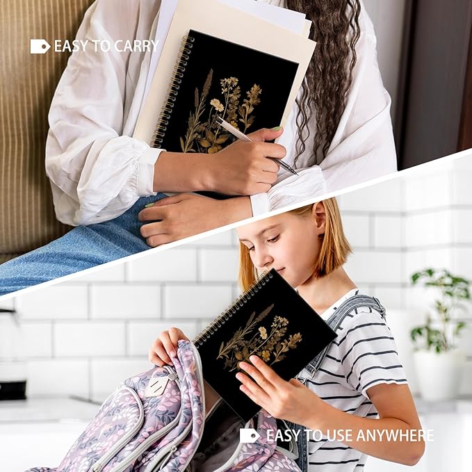 Vintage Dark Floral Notebook Journal, Retro Wildflowers Journal for Women, Retro Floral Aesthetic Notebooks for Note Taking, Spiral Notebook 5.5x8.3 Inch