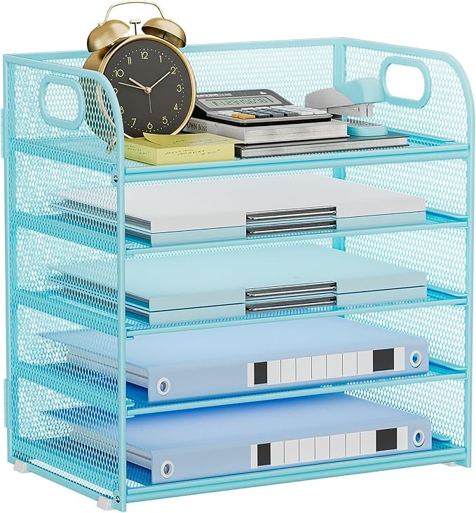 5 Tier Paper Organizer for Desk Organizer with Handle Letter Tray Mesh Paper Sorter Desk Organizer for Office Home Supplies-Blue