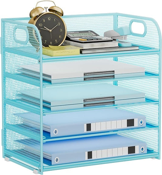 5 Tier Paper Organizer for Desk Organizer with Handle Letter Tray Mesh Paper Sorter Desk Organizer for Office Home Supplies-Blue
