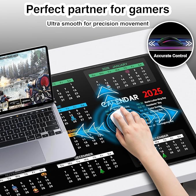 Mouse Pad, Non-Slip 2025 Calendar Desk Pad Protector, Extended Gaming Computer Keyboard Mouse Mat Desk Pad for Laptop with Stitched Edges 35.4×15.7in, Desk Writing Pad for Office and Home