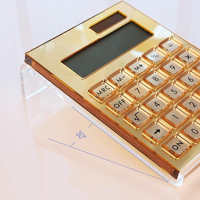 Acrylic Calculator with Stand, Battery and Solar Hybrid Powered Basic Calculator 12-Digit LCD Display,Home Office Desktop Accessories(Gold)