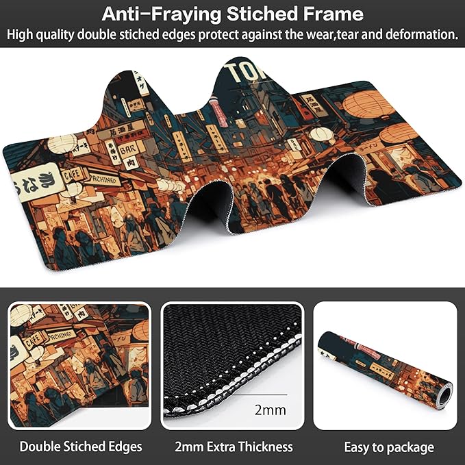 Large Gaming Mouse Pad, Japan Tokyo Yokocho Vintage Street Desk Mat for Desktop, Non-Slip Rubber Base Stitched Edges Long Computer Keyboard Mouse Mat Desk Pad for Home Office 35.4"X15.7"