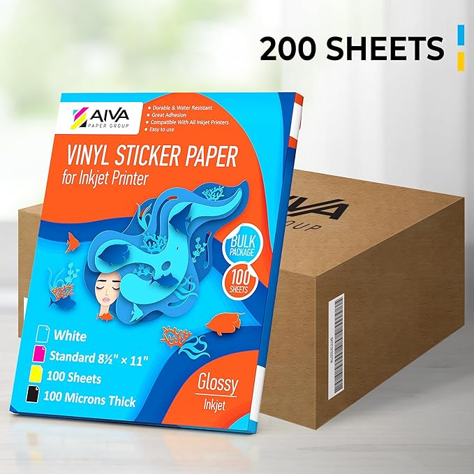 Printable Vinyl Sticker Paper - Waterproof Decal Paper for Inkjet Printer - 200 Self-Adhesive Sheets - Glossy White - Standard Letter Size 8.5"x11"