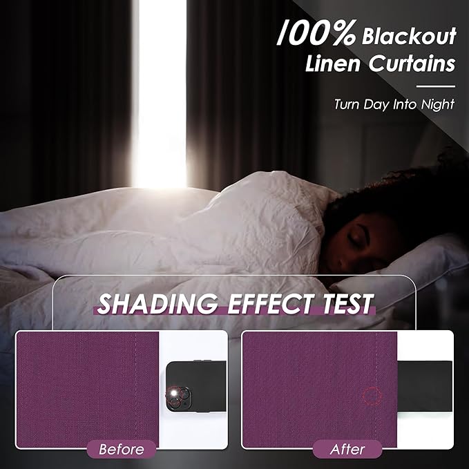 Nanspring Purple 100% Blackout Curtains 63 inches Long for Bedroom Boho Farmhouse Back Tab Rod Pocket Thermal Insulated Textured Short Room Darkening Curtains 2 Panels Set 52x63 Inches