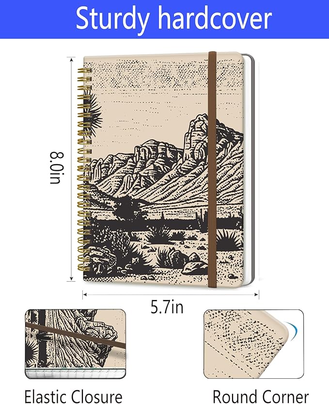 Spiral Journal Notebook, A5 Cute Notebooks for Women Men, College Ruled Hardcover Notebook for Work & Note Taking, 60 Pages Double-Wire Journals for Writing, Retro Mountain