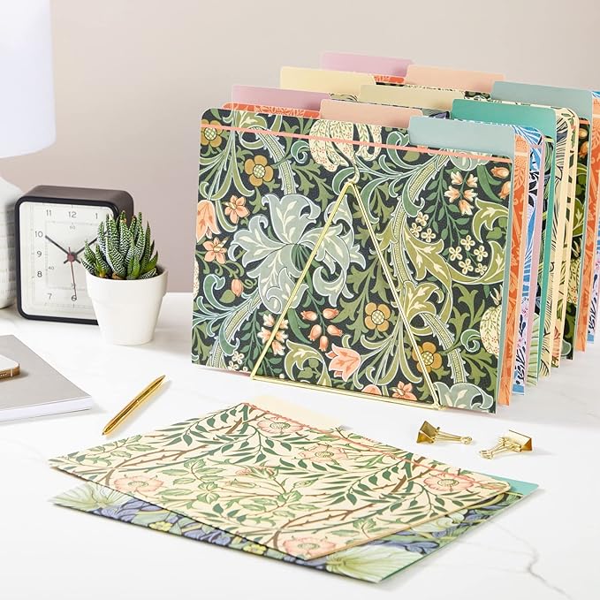 The Gifted Stationary 12 Pack William Morris Floral File Folders, Decorative 1/3 Cut Tab, Letter-Size Holders for Home Office in 6 Patterned Designs - Decorative File Folders - Office Supplies