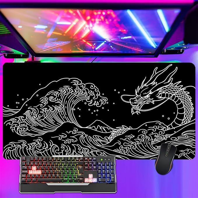 Dragon Mouse Pad Desk Mat Japanese Sea Wave Large Gaming Mouse Pad Anime Desk Pad Mousepad XXL Extended Keyboard Mat Black Mouse Mat, Waterproof, 31.5x15.7 in
