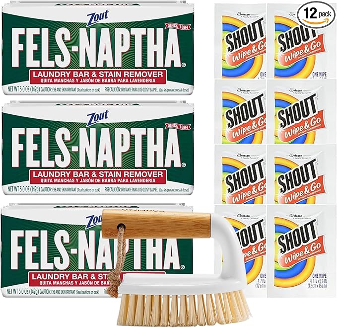 Fels-Naptha Laundry Detergent Bar Soap and Stain Remover Bundle - Includes 3 (5-ounce) Fels Naptha Laundry Bar, 8 Shout Wipes, Eco Bamboo Scrub Brush, DIY Detergent Recipe by Foxtail Collective