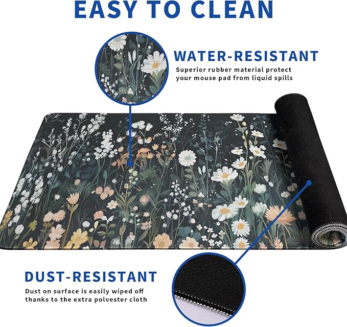 Flower Mouse Pad Abstract Black Mouse Pad 31.5x11.8 Inch Floral Texture Non-Slip Rubber Base Large Weeds Mousepad Stitched Edges Keyboard Mouse Mat Desk Pad for Office and Home