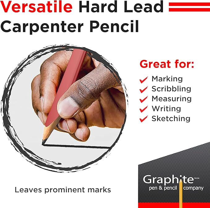 GRAPHITE Hard Lead Carpenter Pencils Bulk - (1) Pack of 12 Pieces Lumber Wooden Pencil #2 (HB) - Red