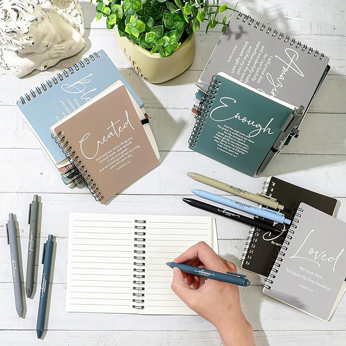 Kosiz 12 Sets Inspirational Christian Gifts Bulk Christian Notebooks Prayer Journals with Pens Spiral Bible Journals Religious Gifts for Church Grandparent Pastors Day Sunday School (Boho Color)