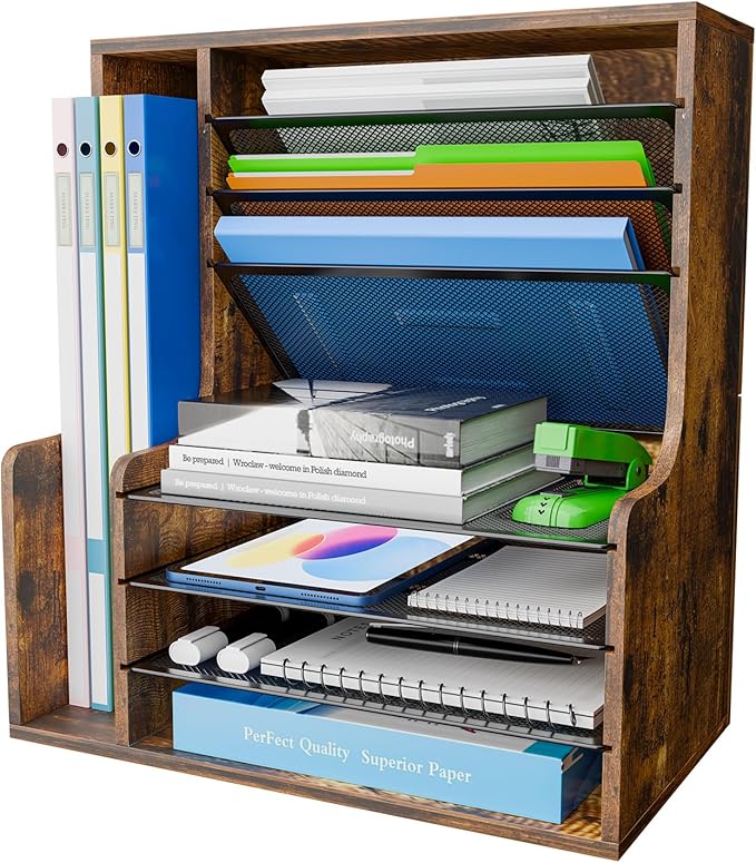 Simple Trending 7 Tier Desk File Organizer, Wooden Letter Tray Paper Organizer with Adjustable File Holder, Mesh Desktop Organizer and Storage for Office Supplies