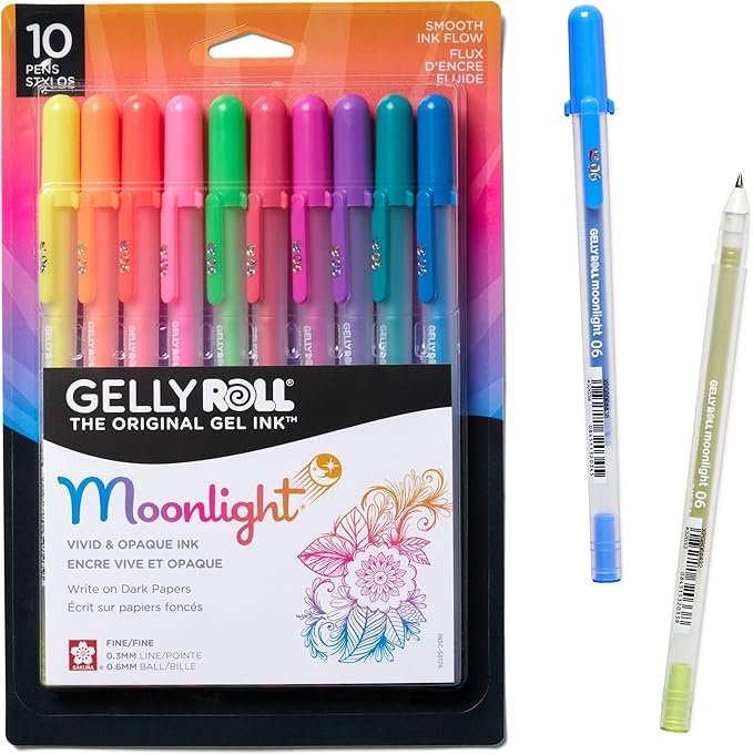 SAKURA Gelly Roll Moonlight 06 Gel Pens - Fine Point Ink Pen for Journaling, Art, or Drawing - Assorted Fluorescent Ink - Fine Line - 10 Pack